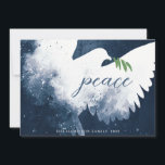 Peace Dove Navy Blue Feiertagskarte<br><div class="desc">Diese 7" x 5" Flachbildschirme bieten eine abstrakte Taube in marineblau Farbtönen. "Ruhe" in blau mit einem grünen Olivenzweig. Passen Sie Ihren Familiennamen und das Jahr an.</div>