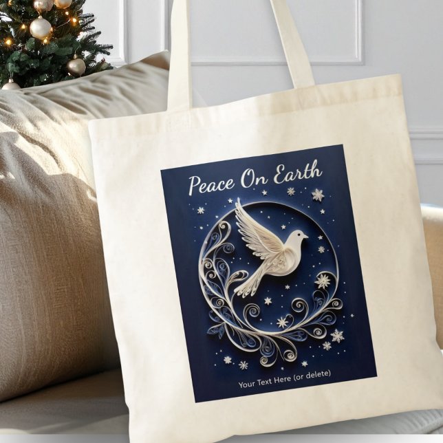 Peace Dove White Dark Blue Stars Weihnachten Tragetasche (A festive Christmas tote bag with Dove of Peace design in a faux papercraft style on navy blue)
