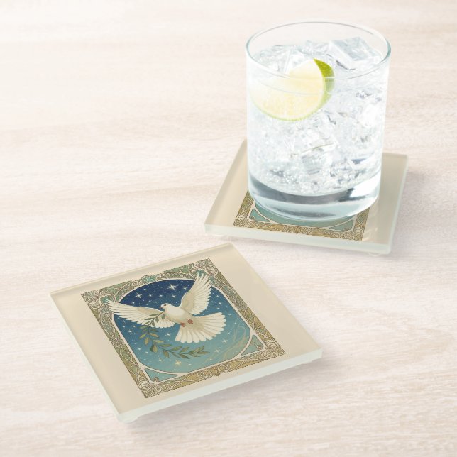 Peace Dove With Olive Sprig Decor  Glasuntersetzer (Schrägansicht)