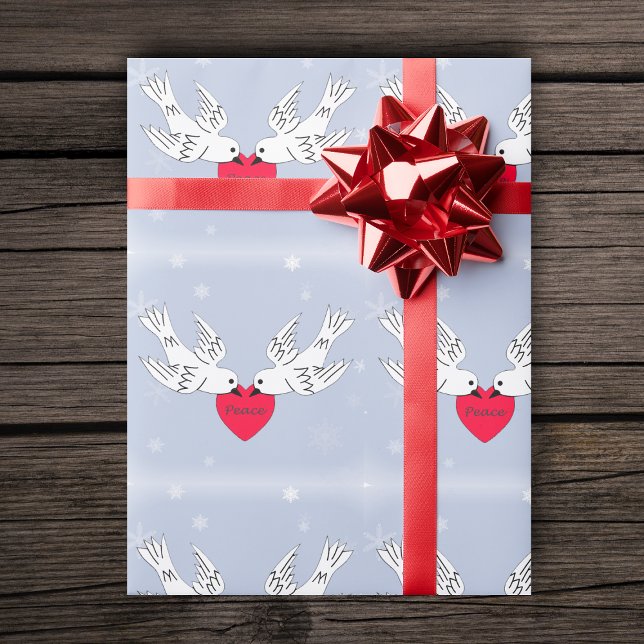 Peace Doves Heart Snowflakes Birds Geschenkpapier (Two white doves holding red heart with word Peace on light blue with snowflakes roll gift wrap paper)
