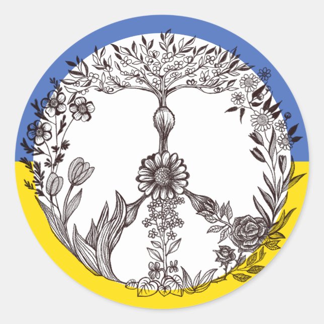 Peace Floral Zeichnend Blue & Yellow ukrainische F Runder Aufkleber (Vorderseite)
