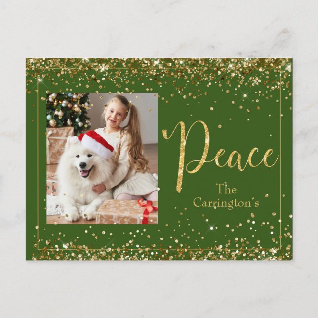 Peace Foto Gold Glitzer Script Holiday Postkarte (Vorderseite)