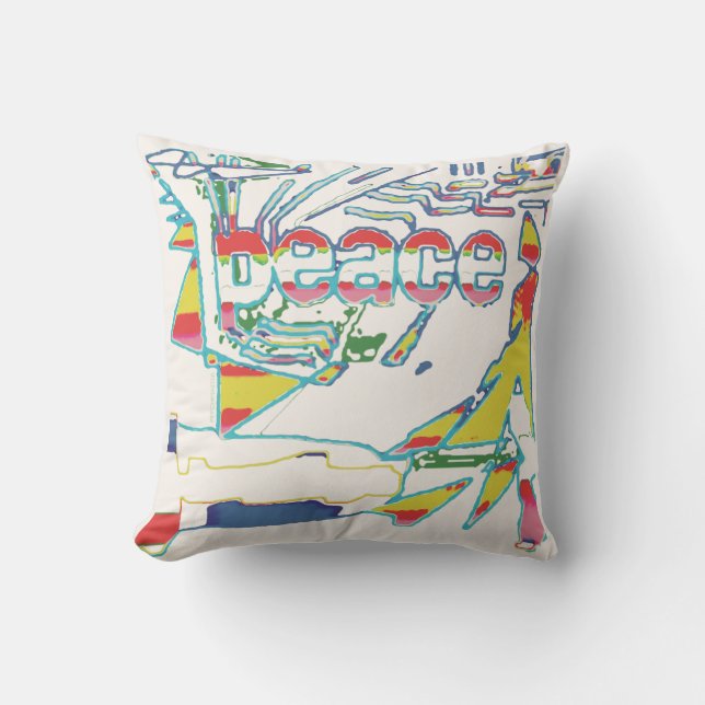 "Peace" Grafik, Rot-Gelb-Aqua-Rosa auf Off-White Kissen (Vorderseite)