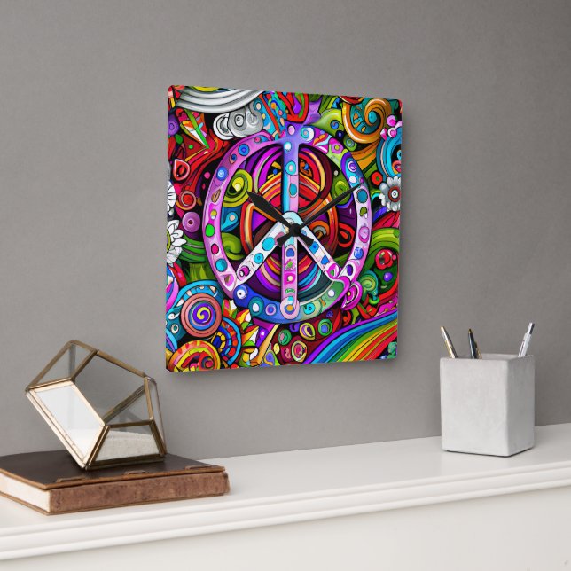 Peace Graphic Doodle Art Quadratische Wanduhr (Büro)