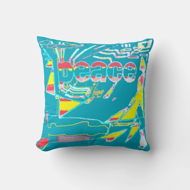 Peace Graphic Red Yellow Aqua Pink White on Aquama Kissen (Vorderseite)