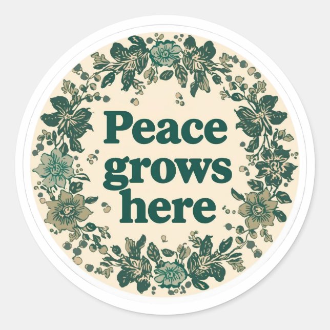 Peace Grows Here Retro Floral Sticker (Vorderseite)