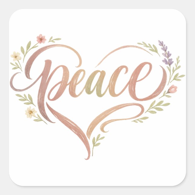 Peace Heart Boho Hand Lettered Quadratischer Aufkleber (Vorderseite)