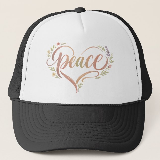Peace Heart Hand Lettered Boho Truckerkappe (Vorderseite)