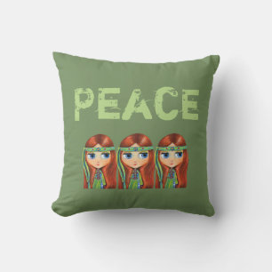 Peace Hippie Girl Chick in Green Headband der 60er Kissen