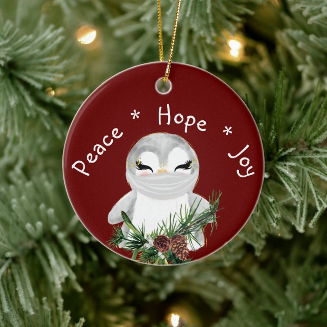 Peace Hope Joy Masked Penguin Keramik Ornament (Baum)