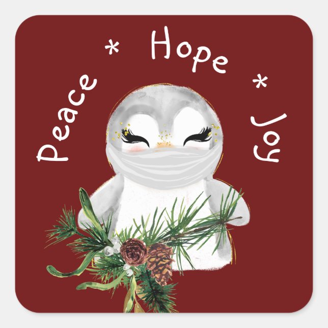 Peace Hope Joy Masked Penguin Quadratischer Aufkleber (Vorderseite)