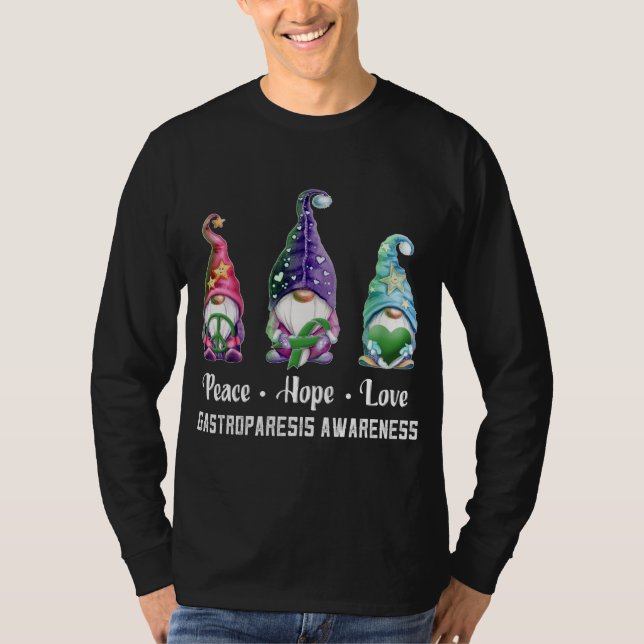 Peace Hope Liebe Gnomes Gastroparesis Awareness T-Shirt (Vorderseite)