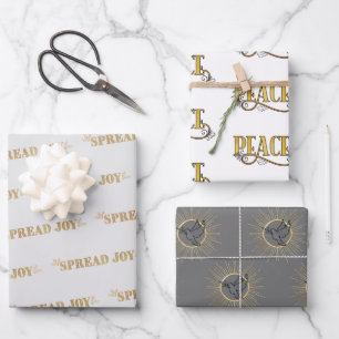 Peace Jove Dove Weihnachtstypografie Gray Gold Geschenkpapier Set
