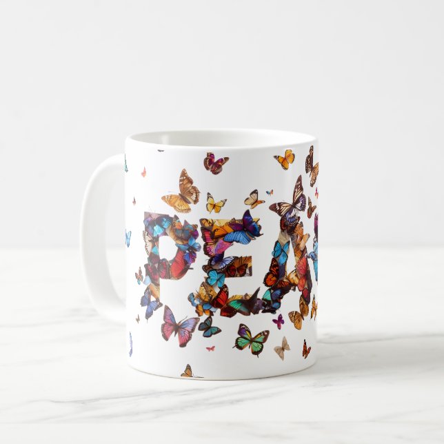 PEACE Joy Butterflies | Inspirational Motivational Kaffeetasse (Vorderseite Links)