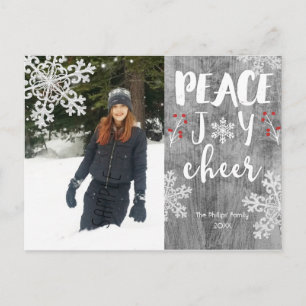 Peace Joy Cheer Silver Snowflake Holiday Foto Feiertagspostkarte