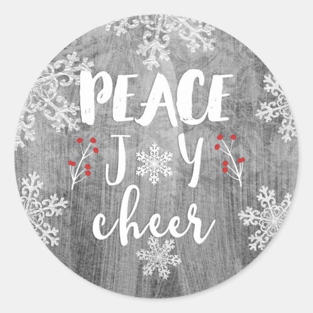 Peace Joy Cheer Silver Snowflake Holiday Runder Aufkleber (Vorderseite)
