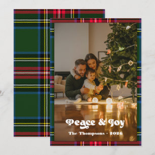 Peace & Joy Grüner Tartan Karo Familien-Weihnachte Feiertagskarte
