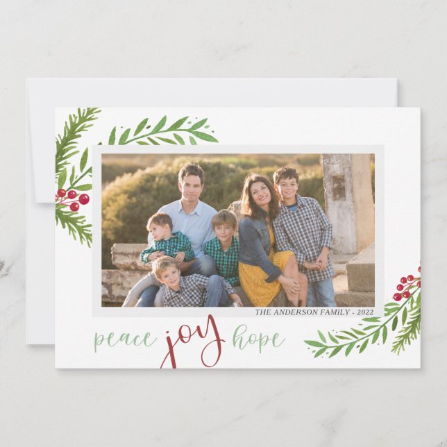 Peace Joy Hope Watercolor Zwei Fotos Weihnachten (Vorderseite)
