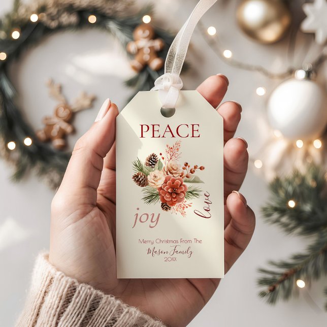 Peace Joy Liebe Beige Blumenweihnachtsfest Geschenkanhänger (Gift tag - Front)