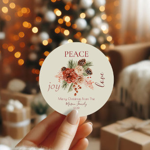 Peace Joy Liebe Beige Blumenweihnachtsfest Runder Aufkleber