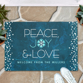 Peace Joy Liebe Blue Holiday Bold Modern Snowflake Fußmatte