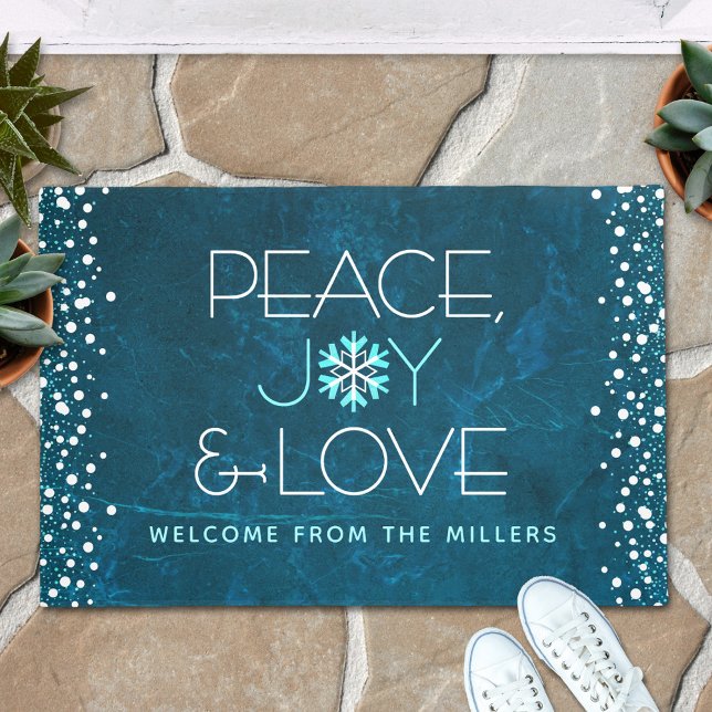 Peace Joy Liebe Blue Holiday Bold Modern Snowflake Fußmatte (Von Creator hochgeladen)