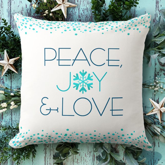 Peace Joy Liebe Bold Modern Snowflake Typografie Kissen (Von Creator hochgeladen)