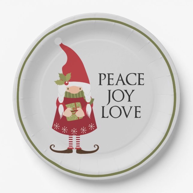 Peace Joy Liebe Girl Gnome Holiday Pappteller (Vorderseite)