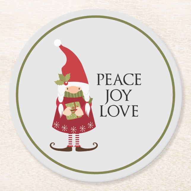 Peace Joy Liebe Girl Gnome Holiday Runder Pappuntersetzer (Vorderseite)