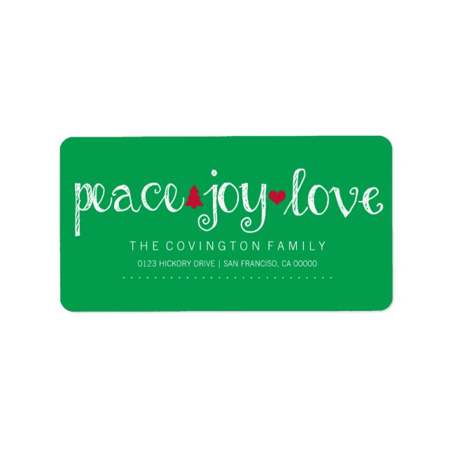 Peace Joy Liebe Holiday Script Label Adressaufkleber (Vorne)