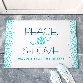 Peace Joy Liebe Holiday Türkis Snowflake Name Fußmatte