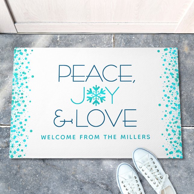 Peace Joy Liebe Holiday Türkis Snowflake Name Fußmatte (Von Creator hochgeladen)