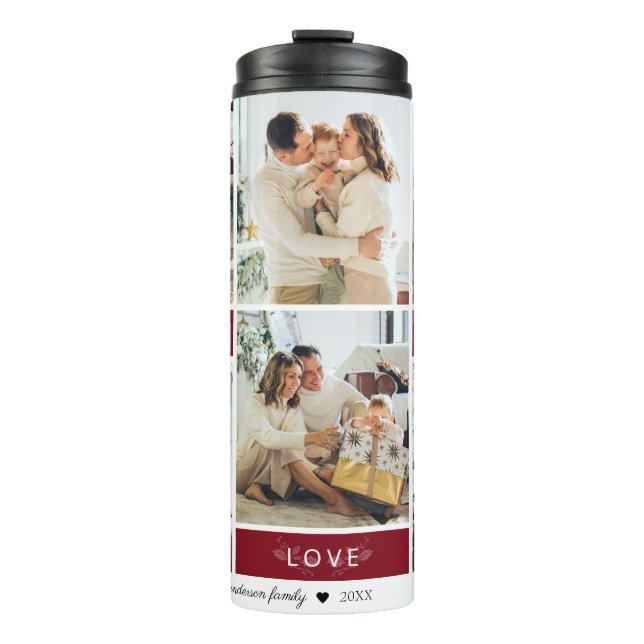 Peace Joy Liebe Maroon Foto Collage Script Holiday Thermosbecher (Vorderseite)