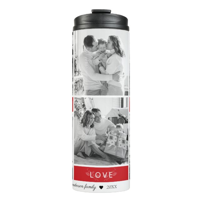 Peace Joy Liebe Red 6 Foto Collage Script Holiday Thermosbecher (Vorderseite)
