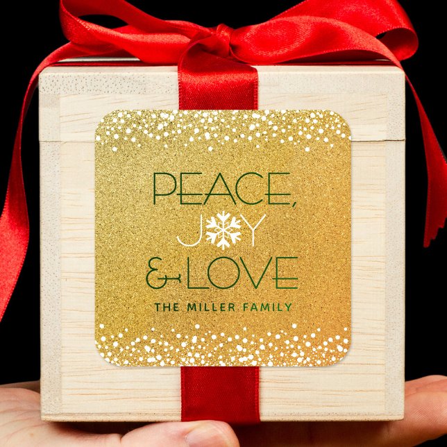 Peace Joy Liebe Snowflake Typografie Gold Holiday Quadratischer Aufkleber (Von Creator hochgeladen)