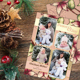 Peace & Joy, Pink and Gold Poinsettia Foto Folien Feiertagskarte