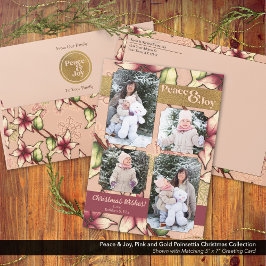 Peace & Joy, Pink, Burgund, Gold Poinsettia Foto Feiertagskarte