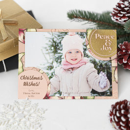 Peace & Joy, Pink, Gold Poinsettia Foto Feiertagskarte