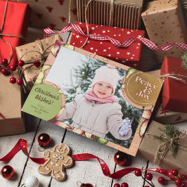 Peace & Joy, Pink, Green, Gold Poinsettia Foto Feiertagskarte