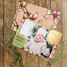 Peace & Joy, Pink, Green, Gold Poinsettia Foto Folien Feiertagskarte