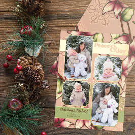 Peace & Joy, Pink, Green, Gold Poinsettia Foto Folien Feiertagskarte