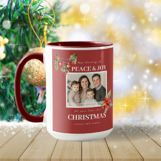 Peace Joy Red Poinsettia Family Photo Christmas Tasse