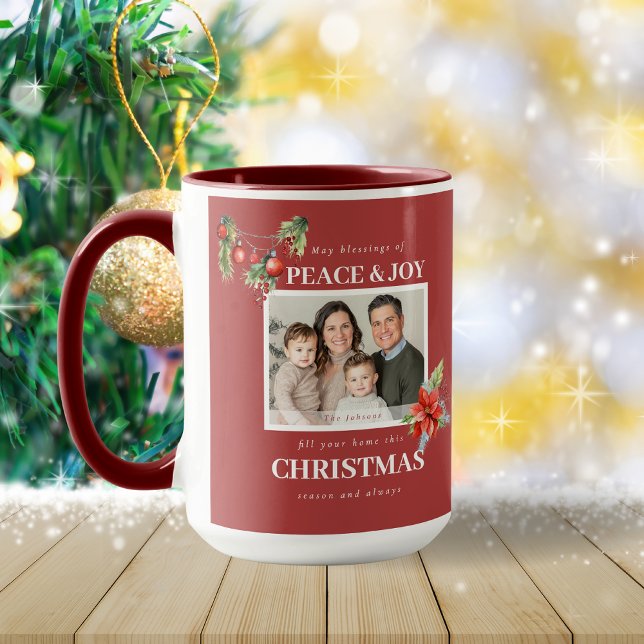 Peace Joy Red Poinsettia Family Photo Christmas Tasse (Von Creator hochgeladen)