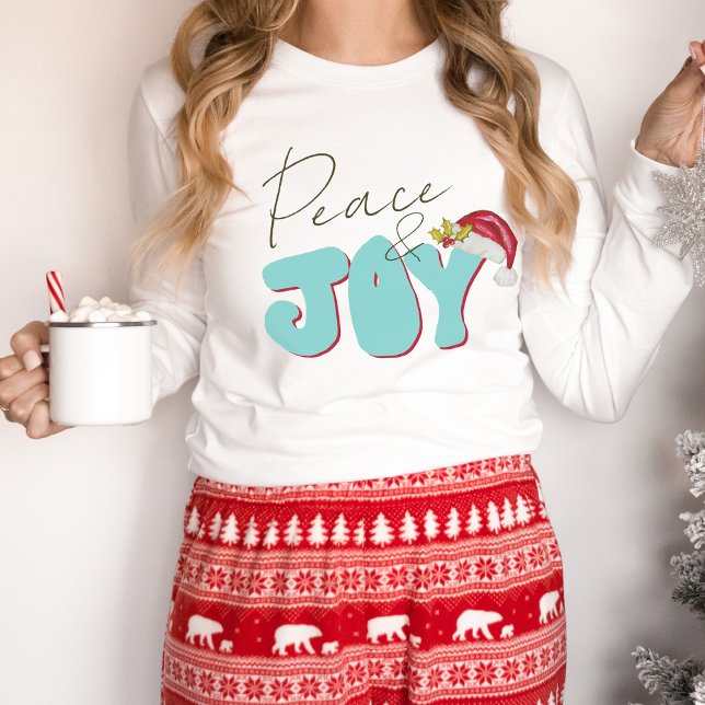 Peace Joy Retro 80's Schriftart Weihnachtsmannmütz T-Shirt (Hand lettered minimalist retro Christmas design)