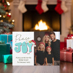 Peace Joy Retro Font 1 Photo Family Christmas Feiertagskarte<br><div class="desc">This festive Peace & Joy design was created using a fun modern script font and my hand lettered block font in a retro 80's style in aqua blue and red topped off with my hand painted Santa hat with holly and berries to make your family photo shine as the star....</div>