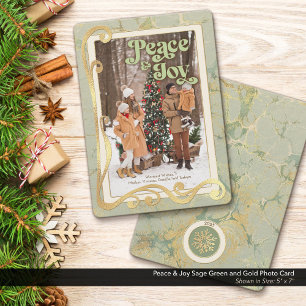 Peace & Joy Sage Green and Gold Foto Card Feiertagskarte