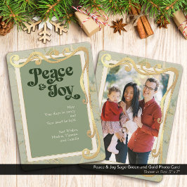 Peace & Joy Sage Green and Gold Foto Card Feiertagskarte