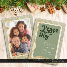 Peace & Joy Sage Green and Gold Foto Card Feiertagskarte