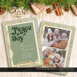 Peace & Joy Sage Green und Gold 2 Foto Card Feiertagskarte
