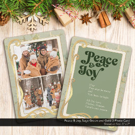 Peace & Joy Sage Green und Gold 3 Foto Card Feiertagskarte